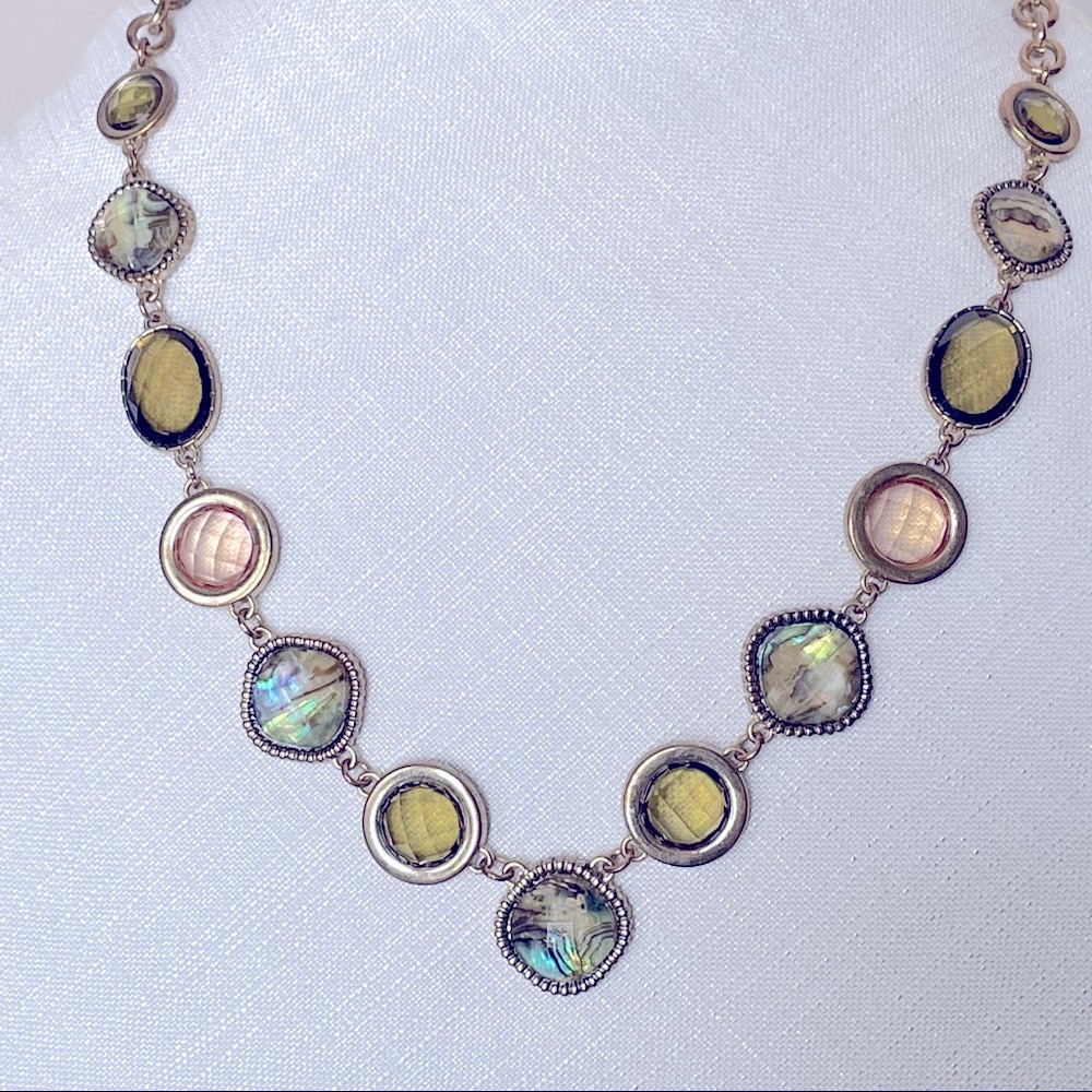 Vintage Abalone & Multicolor Stone Copper Tone Link Necklace
